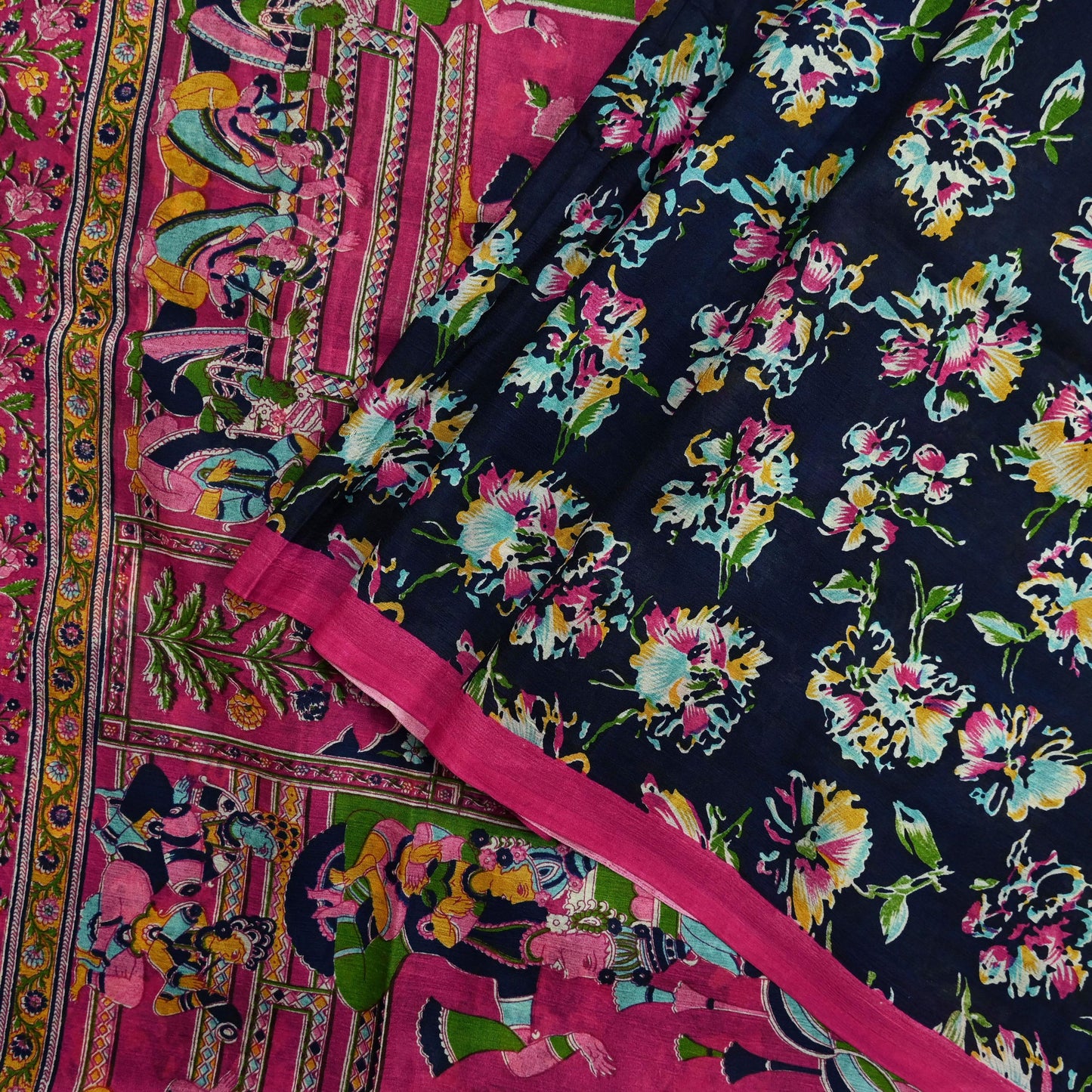 Indian Vintage Pink & Blue Saree 100% Pure Silk Printed Sari Fabric 6yd Sewing Craft DressMaking Soft Floral Quilting Crafting Upcycle