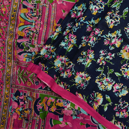 Indian Vintage Pink & Blue Saree 100% Pure Silk Printed Sari Fabric 6yd Sewing Craft DressMaking Soft Floral Quilting Crafting Upcycle
