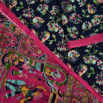 Indian Vintage Pink & Blue Saree 100% Pure Silk Printed Sari Fabric 6yd Sewing Craft DressMaking Soft Floral Quilting Crafting Upcycle