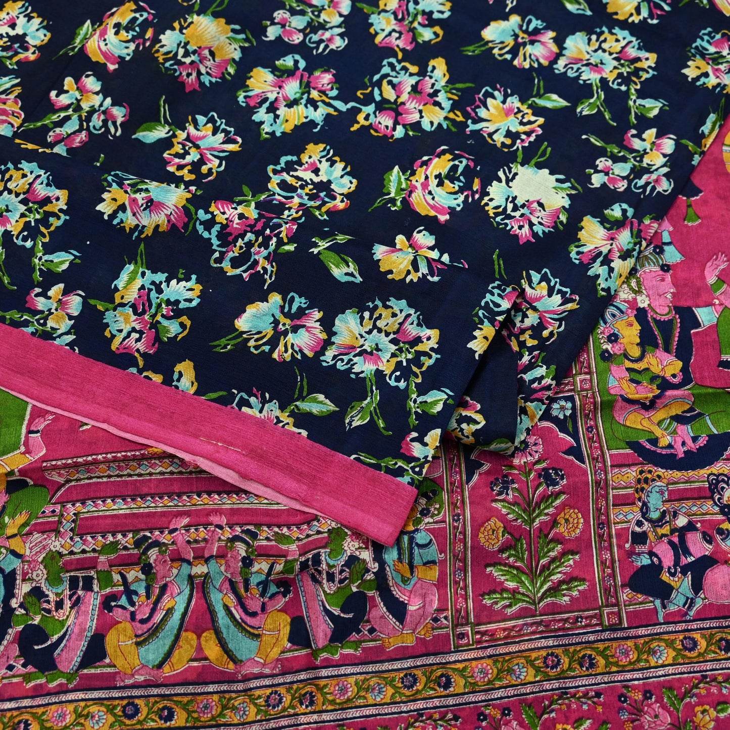 Indian Vintage Pink & Blue Saree 100% Pure Silk Printed Sari Fabric 6yd Sewing Craft DressMaking Soft Floral Quilting Crafting Upcycle