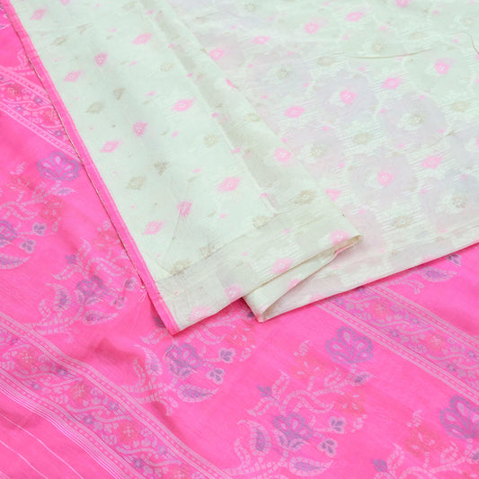 Indian Vintage Sari Ivory & Pink 100% Pure Silk Hand Woven Sarees Craft Fabric 5Yd Ethnic Sewing Dress making Crafting Quilting Upcycle