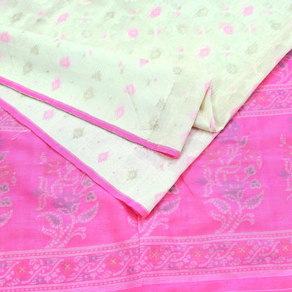 Indian Vintage Sari Ivory & Pink 100% Pure Silk Hand Woven Sarees Craft Fabric 5Yd Ethnic Sewing Dress making Crafting Quilting Upcycle