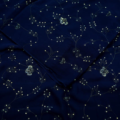 Indian Vintage Heavy Sari Blue Pure Georgette Silk Hand Beaded Sarees Craft Fabric 5Yd Sewing Soft Ethnic Wedding Sarees Dress making