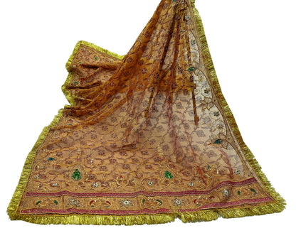 Indian Vintage Heavy Golden Dupatta Pure Tissue Silk Long Stole Hand Embroidered Scarves Zari Zardozi/Dabka Fringes Veil