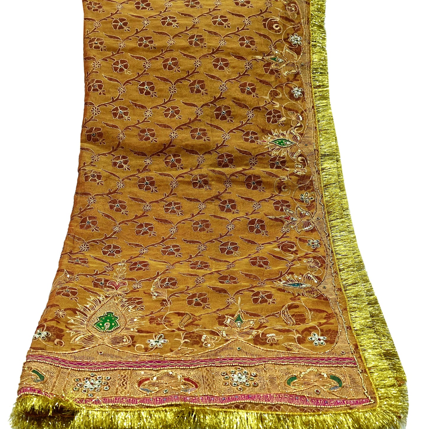 Indian Vintage Heavy Golden Dupatta Pure Tissue Silk Long Stole Hand Embroidered Scarves Zari Zardozi/Dabka Fringes Veil
