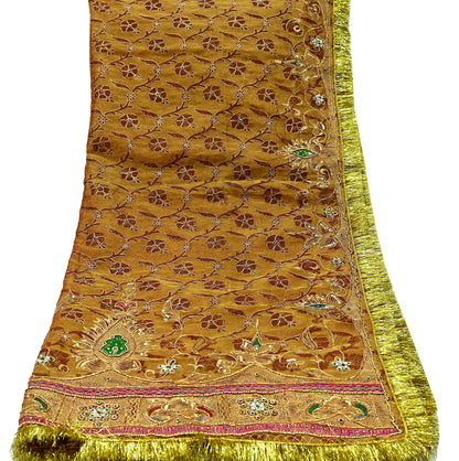 Indian Vintage Heavy Golden Dupatta Pure Tissue Silk Long Stole Hand Embroidered Scarves Zari Zardozi/Dabka Fringes Veil