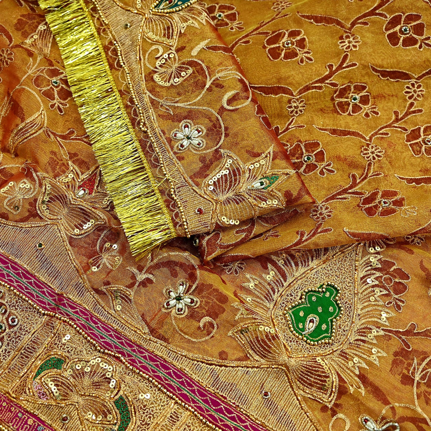 Indian Vintage Heavy Golden Dupatta Pure Tissue Silk Long Stole Hand Embroidered Scarves Zari Zardozi/Dabka Fringes Veil