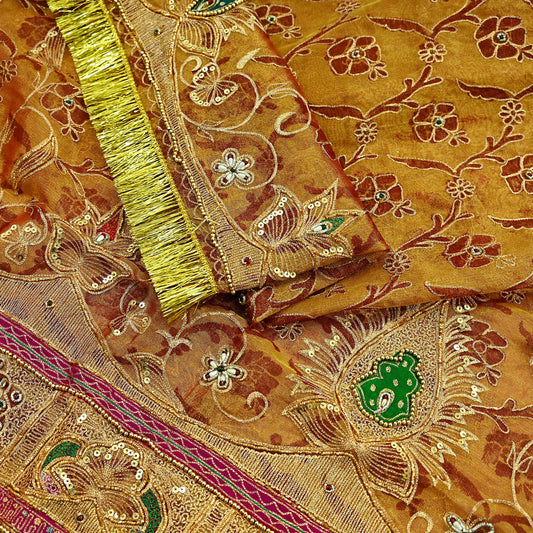 Indian Vintage Heavy Golden Dupatta Pure Tissue Silk Long Stole Hand Embroidered Scarves Zari Zardozi/Dabka Fringes Veil