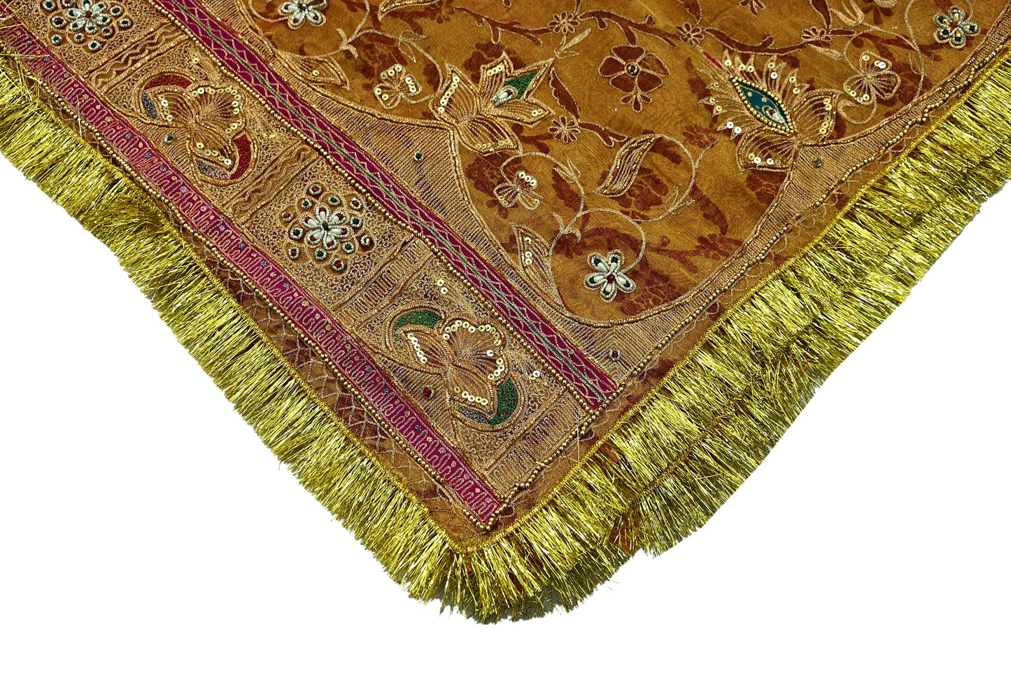 Indian Vintage Heavy Golden Dupatta Pure Tissue Silk Long Stole Hand Embroidered Scarves Zari Zardozi/Dabka Fringes Veil