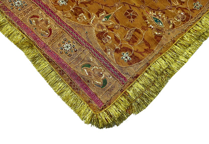 Indian Vintage Heavy Golden Dupatta Pure Tissue Silk Long Stole Hand Embroidered Scarves Zari Zardozi/Dabka Fringes Veil