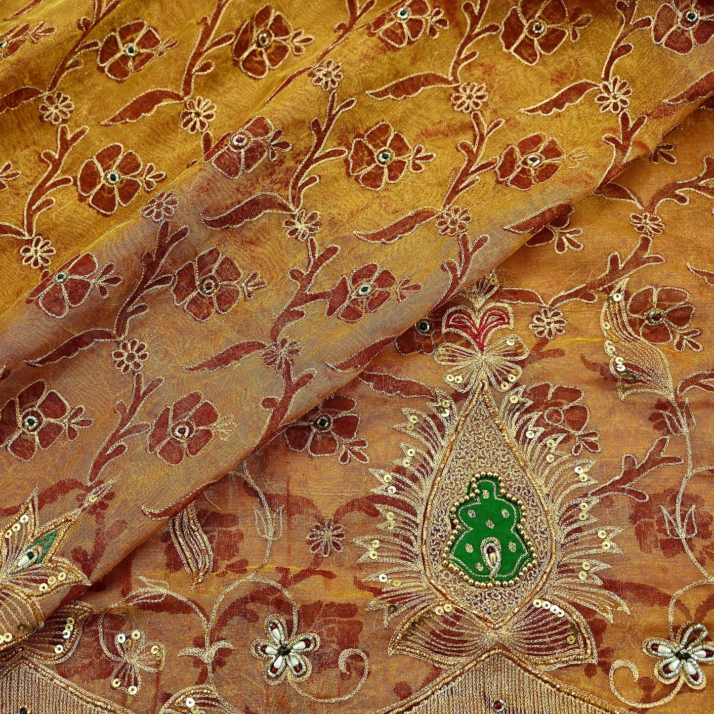 Indian Vintage Heavy Golden Dupatta Pure Tissue Silk Long Stole Hand Embroidered Scarves Zari Zardozi/Dabka Fringes Veil