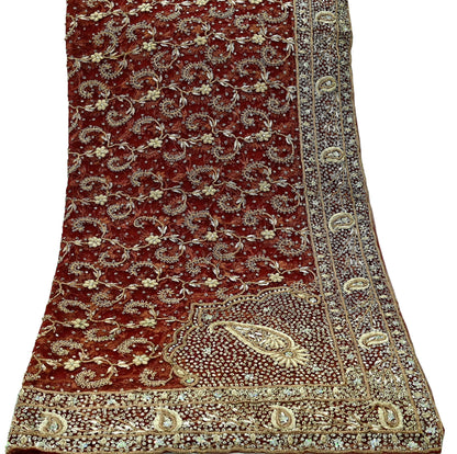 Indian Vintage Heavy Wedding Red Dupatta Net Mesh Long Stole Hand Embroidered Scarves Golden Zardozi Zari Sequins Bridal Veil
