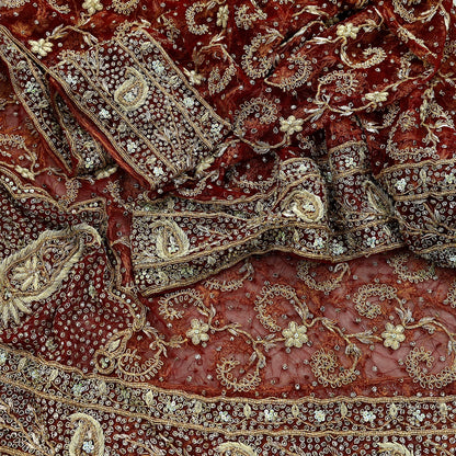 Indian Vintage Heavy Wedding Red Dupatta Net Mesh Long Stole Hand Embroidered Scarves Golden Zardozi Zari Sequins Bridal Veil