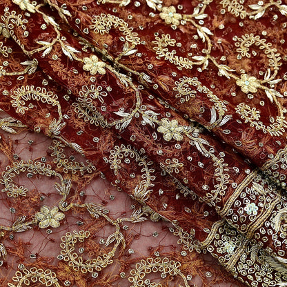 Indian Vintage Heavy Wedding Red Dupatta Net Mesh Long Stole Hand Embroidered Scarves Golden Zardozi Zari Sequins Bridal Veil