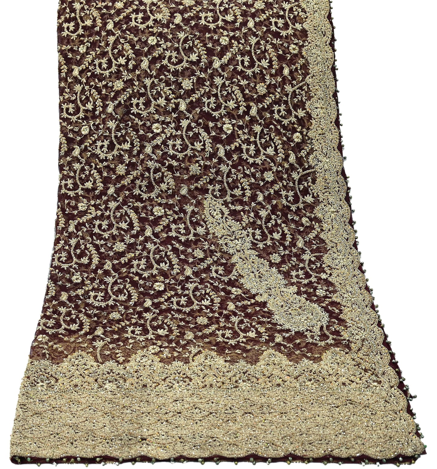 Indian Vintage Heavy Wedding Maroon Dupatta Net Mesh Long Stole Hand Embroidered Scarves Golden Zardozi Zari Sequins Dridal Veil Hijab