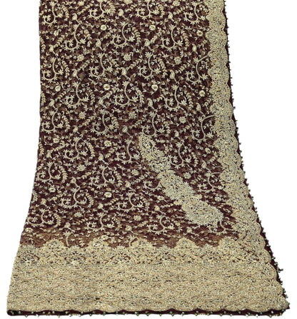 Indian Vintage Heavy Wedding Maroon Dupatta Net Mesh Long Stole Hand Embroidered Scarves Golden Zardozi Zari Sequins Dridal Veil Hijab