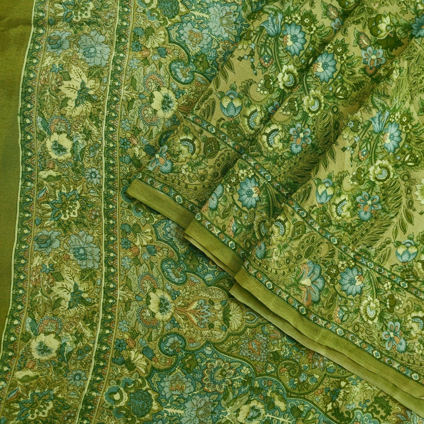 Indian Vintage Sari Green Pure Crepe Silk Printed Saree 5yd Sewing Floral Soft Craft Fabric Wrap Dress making Crafting