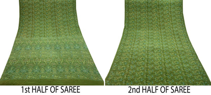 Indian Vintage Sari Green Pure Crepe Silk Printed Saree 5yd Sewing Floral Soft Craft Fabric Wrap Dress making Crafting