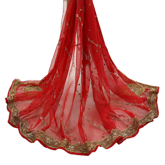 Indian Vintage Bridal Heavy Red Dupatta American Georgette Long Stole Hand Embroidered Scarves Zari Zardozi Bollywood Wedding Veil Hijab
