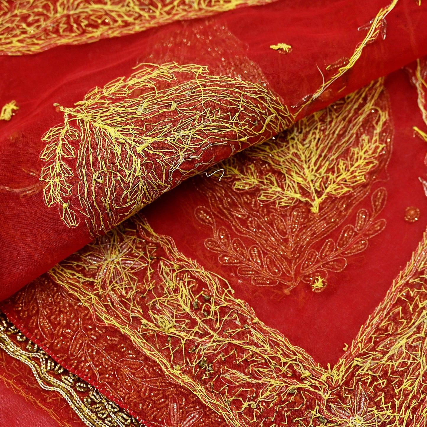 Indian Vintage Bridal Heavy Red Dupatta American Georgette Long Stole Hand Embroidered Scarves Zari Zardozi Bollywood Wedding Veil Hijab