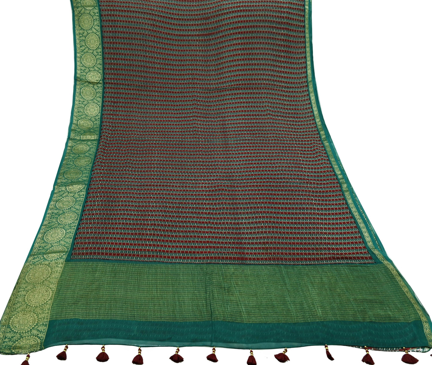 Indian Vintage Sari Green & Maroon Pure Georgette Silk Printed Sarees Craft Fabric Sewing 5Yd Soft Dress Making Crafting Quilting Zari