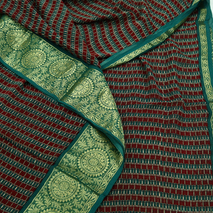 Indian Vintage Sari Green & Maroon Pure Georgette Silk Printed Sarees Craft Fabric Sewing 5Yd Soft Dress Making Crafting Quilting Zari