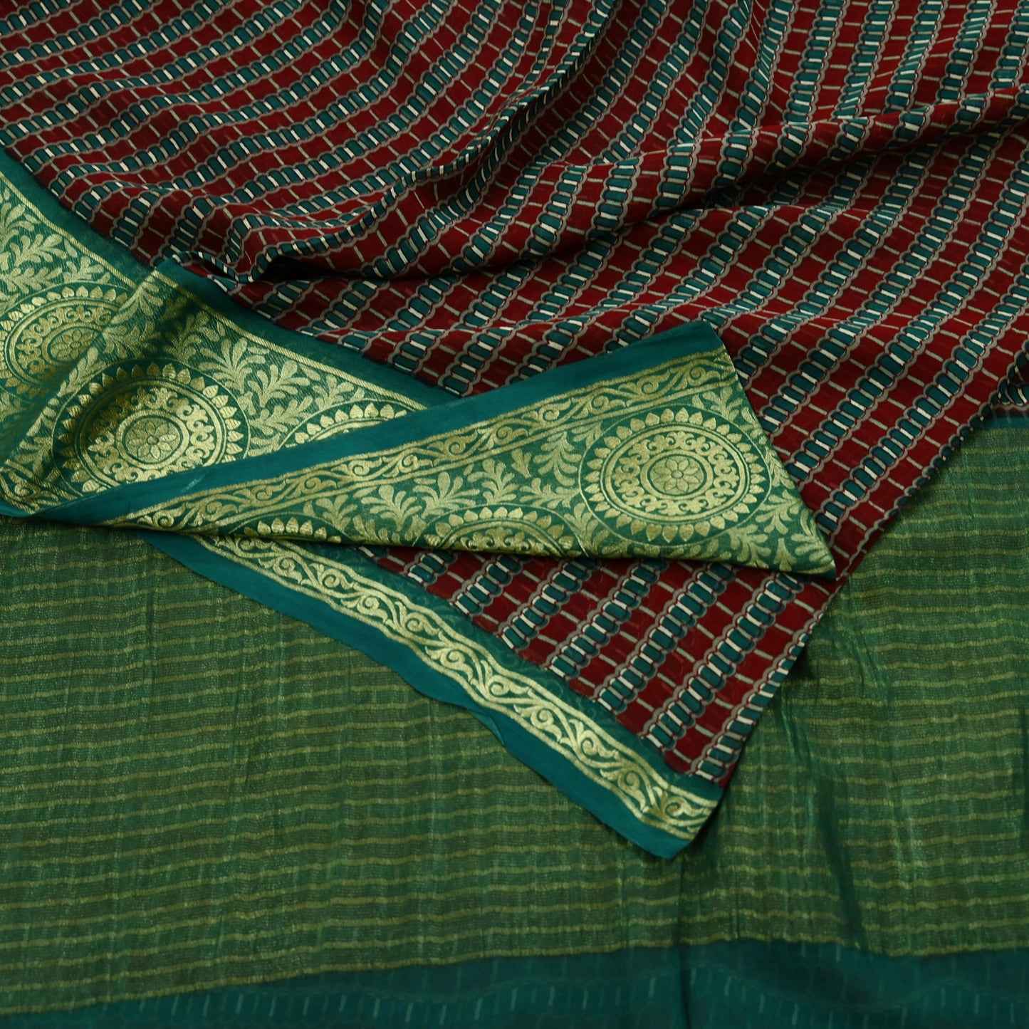 Indian Vintage Sari Green & Maroon Pure Georgette Silk Printed Sarees Craft Fabric Sewing 5Yd Soft Dress Making Crafting Quilting Zari