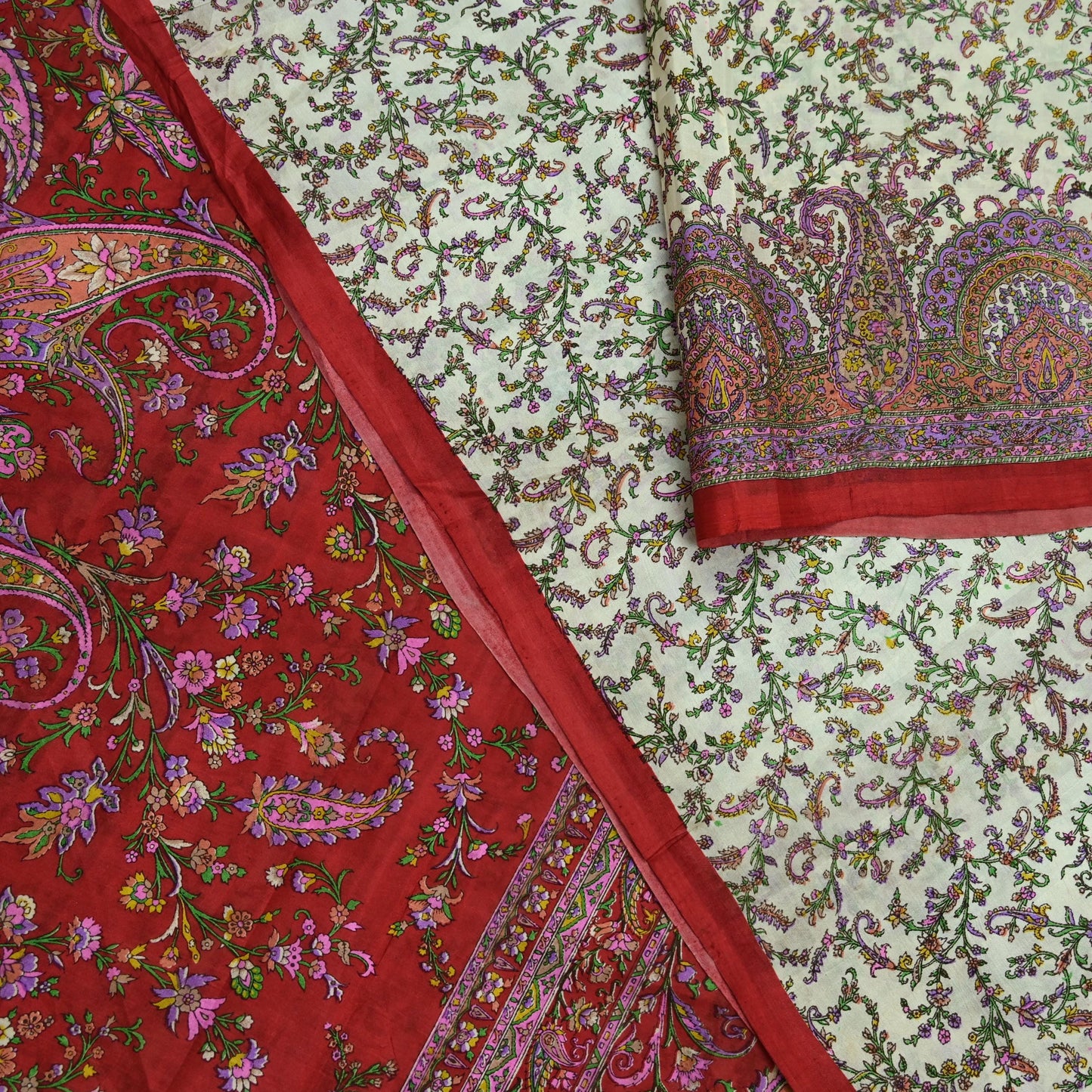 Indian Vintage Ivory & Red Saree Pure Silk Printed Sari 6yd Sewing Craft Fabric DressMaking  Soft Wrap Crafting Quilting Used Paisley