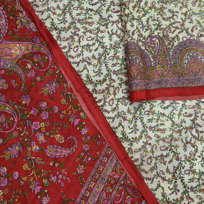 Indian Vintage Ivory & Red Saree Pure Silk Printed Sari 6yd Sewing Craft Fabric DressMaking  Soft Wrap Crafting Quilting Used Paisley