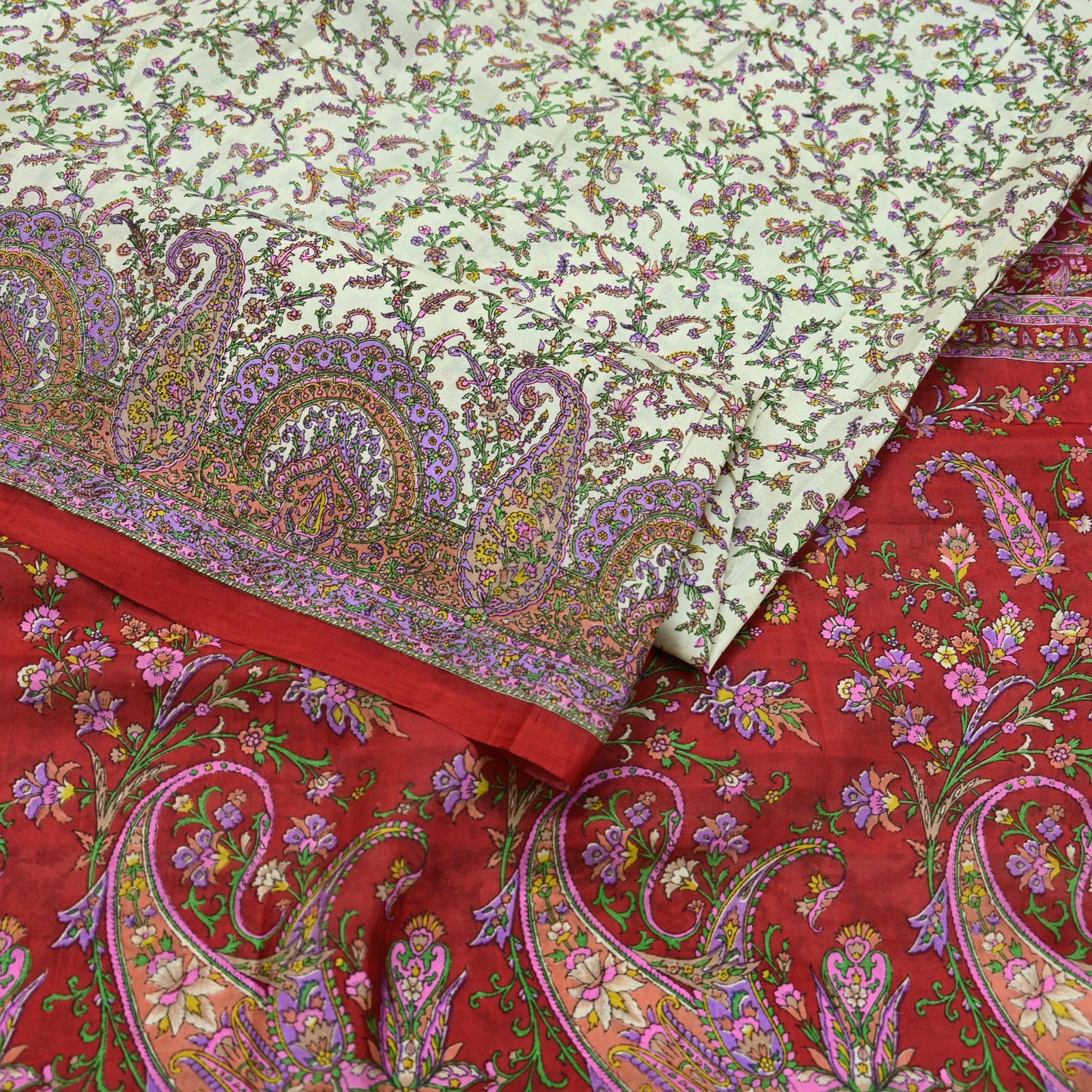 Indian Vintage Ivory & Red Saree Pure Silk Printed Sari 6yd Sewing Craft Fabric DressMaking  Soft Wrap Crafting Quilting Used Paisley
