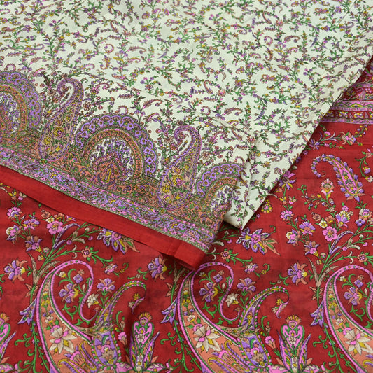 Indian Vintage Ivory & Red Saree Pure Silk Printed Sari 6yd Sewing Craft Fabric DressMaking  Soft Wrap Crafting Quilting Used Paisley