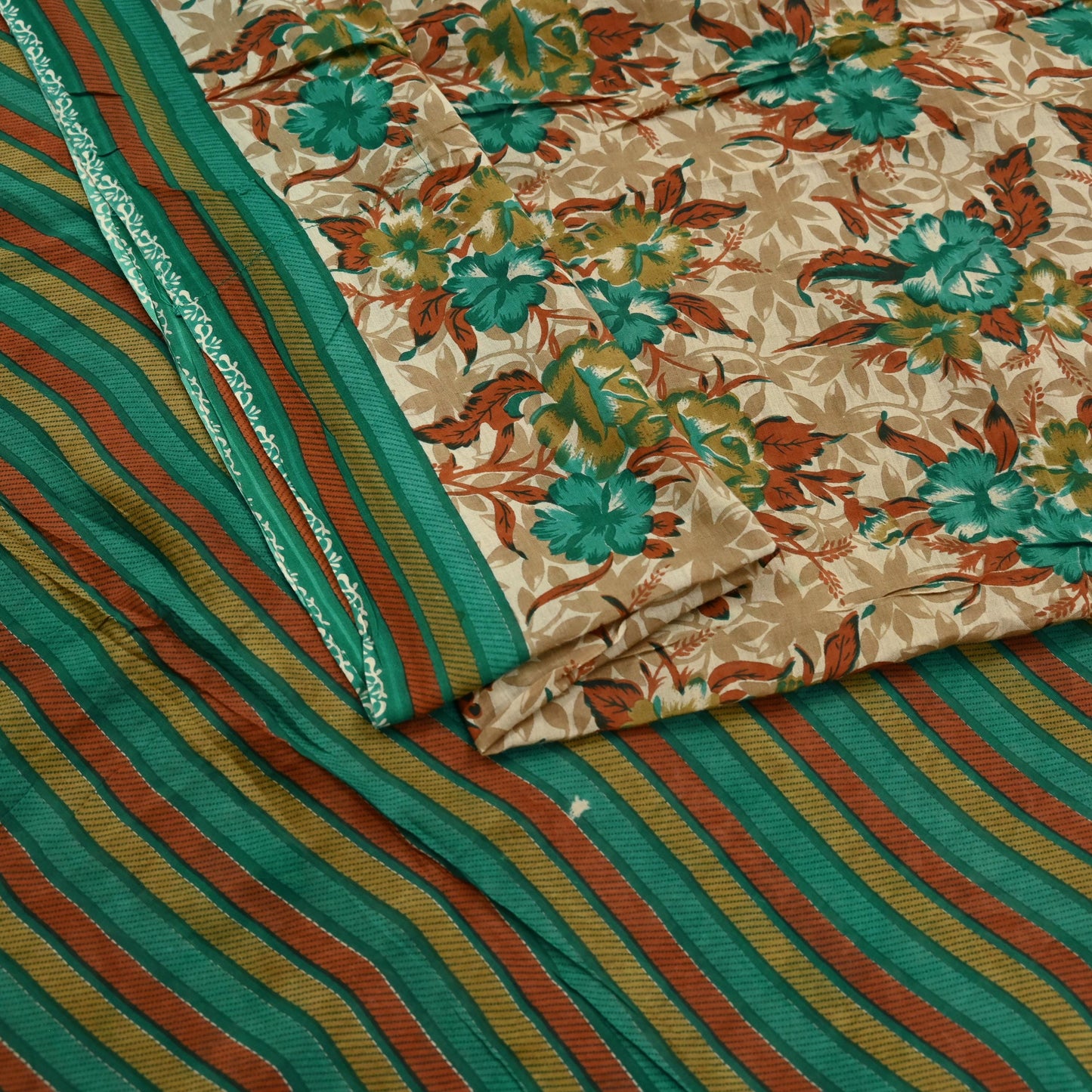 Indian Vintage Sari Beige & Green Pure Cotton Printed Sarees Craft Fabric Soft 5Yd Sarong Wrap Boho Fabric Kimono Quilting Crafting Upcycle