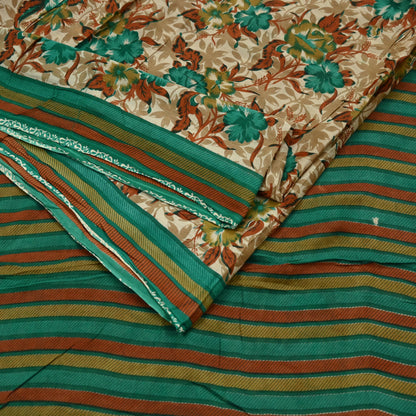 Indian Vintage Sari Beige & Green Pure Cotton Printed Sarees Craft Fabric Soft 5Yd Sarong Wrap Boho Fabric Kimono Quilting Crafting Upcycle