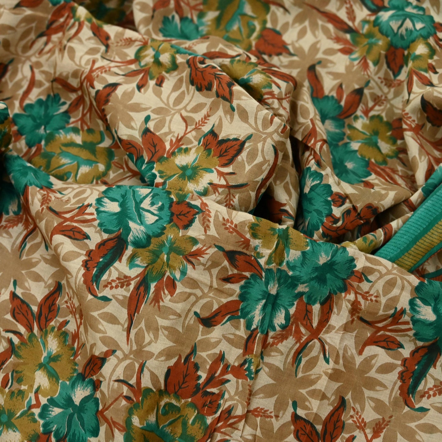 Indian Vintage Sari Beige & Green Pure Cotton Printed Sarees Craft Fabric Soft 5Yd Sarong Wrap Boho Fabric Kimono Quilting Crafting Upcycle