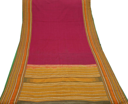 Indian Vintage Sari Red & Green Pure Cotton Hand Woven Baluchari Saree 5yd Craft Fabric Ethnic Dress making Crafting Quilting