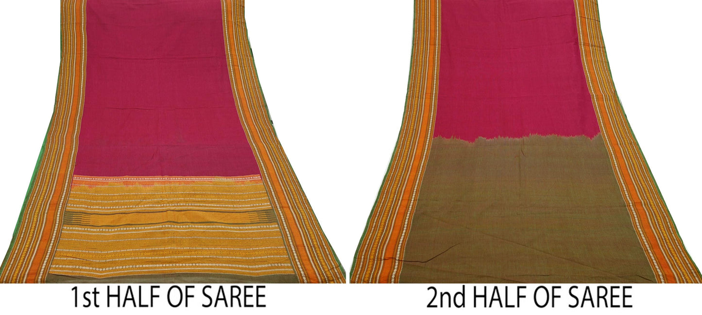 Indian Vintage Sari Red & Green Pure Cotton Hand Woven Baluchari Saree 5yd Craft Fabric Ethnic Dress making Crafting Quilting