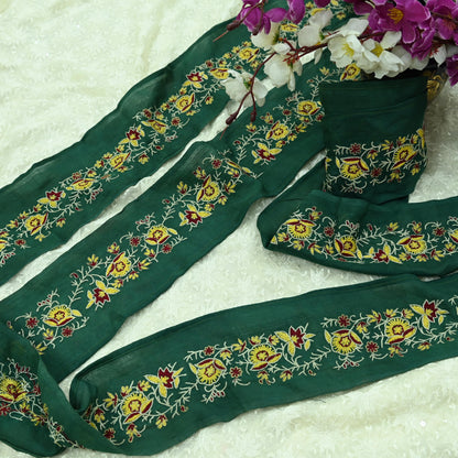Indian Vintage Green Sari Border Hand Embroidered Craft Trim Lace Sewing Sari Ribbon Pure Crepe silk