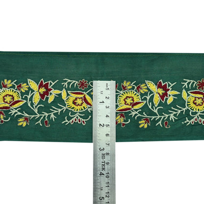 Indian Vintage Green Sari Border Hand Embroidered Craft Trim Lace Sewing Sari Ribbon Pure Crepe silk