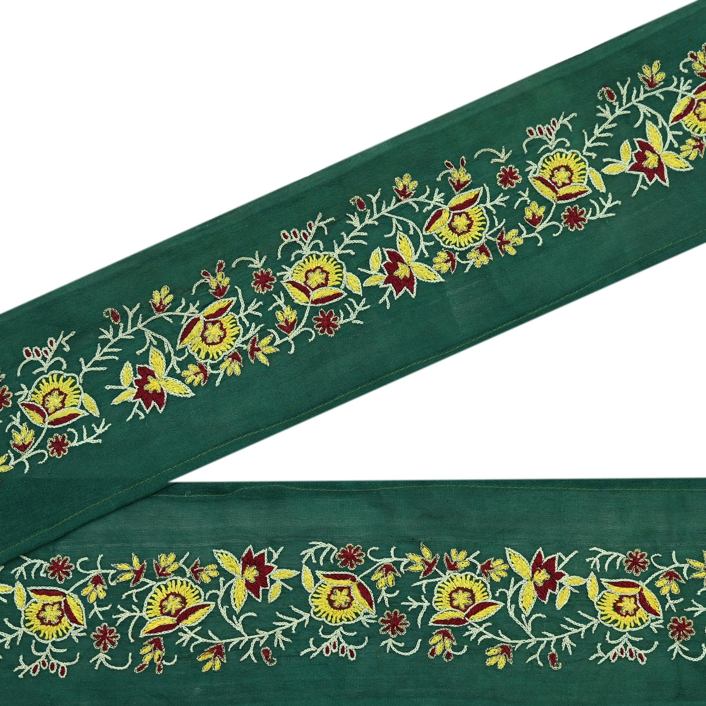 Indian Vintage Green Sari Border Hand Embroidered Craft Trim Lace Sewing Sari Ribbon Pure Crepe silk