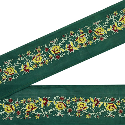 Indian Vintage Green Sari Border Hand Embroidered Craft Trim Lace Sewing Sari Ribbon Pure Crepe silk