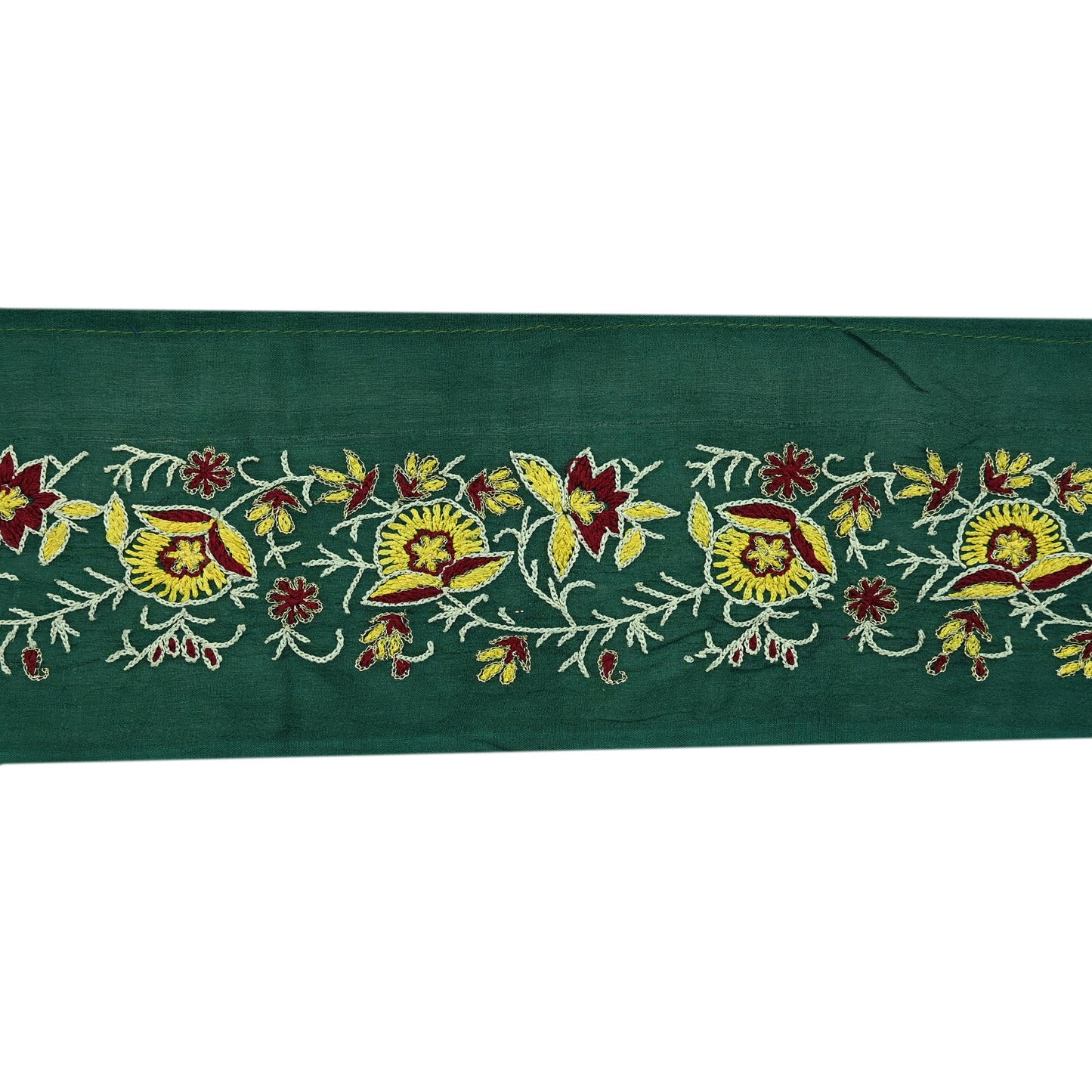 Indian Vintage Green Sari Border Hand Embroidered Craft Trim Lace Sewing Sari Ribbon Pure Crepe silk