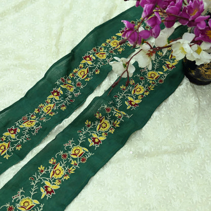 Indian Vintage Green Sari Border Hand Embroidered Craft Trim Lace Sewing Sari Ribbon Pure Crepe silk