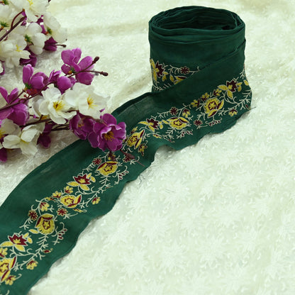 Indian Vintage Green Sari Border Hand Embroidered Craft Trim Lace Sewing Sari Ribbon Pure Crepe silk