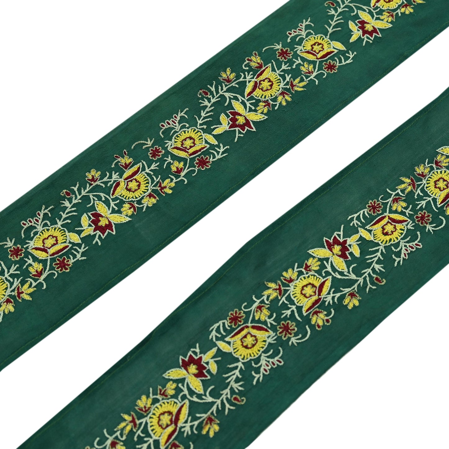 Indian Vintage Green Sari Border Hand Embroidered Craft Trim Lace Sewing Sari Ribbon Pure Crepe silk