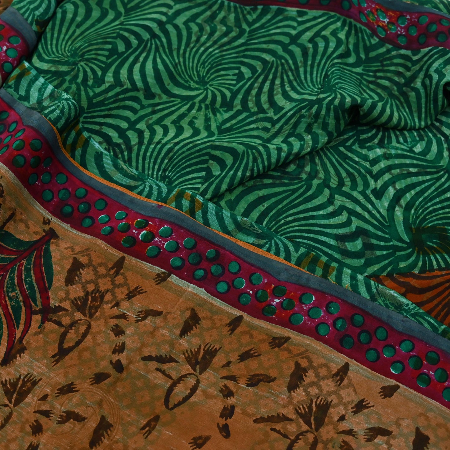 Indian Vintage Sari Green & Brown Pure Crepe Silk Printed Sarees Craft Fabric 5yd Sewing Floral Soft Craft Fabric Wrap Quilting Crafting