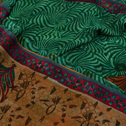 Indian Vintage Sari Green & Brown Pure Crepe Silk Printed Sarees Craft Fabric 5yd Sewing Floral Soft Craft Fabric Wrap Quilting Crafting