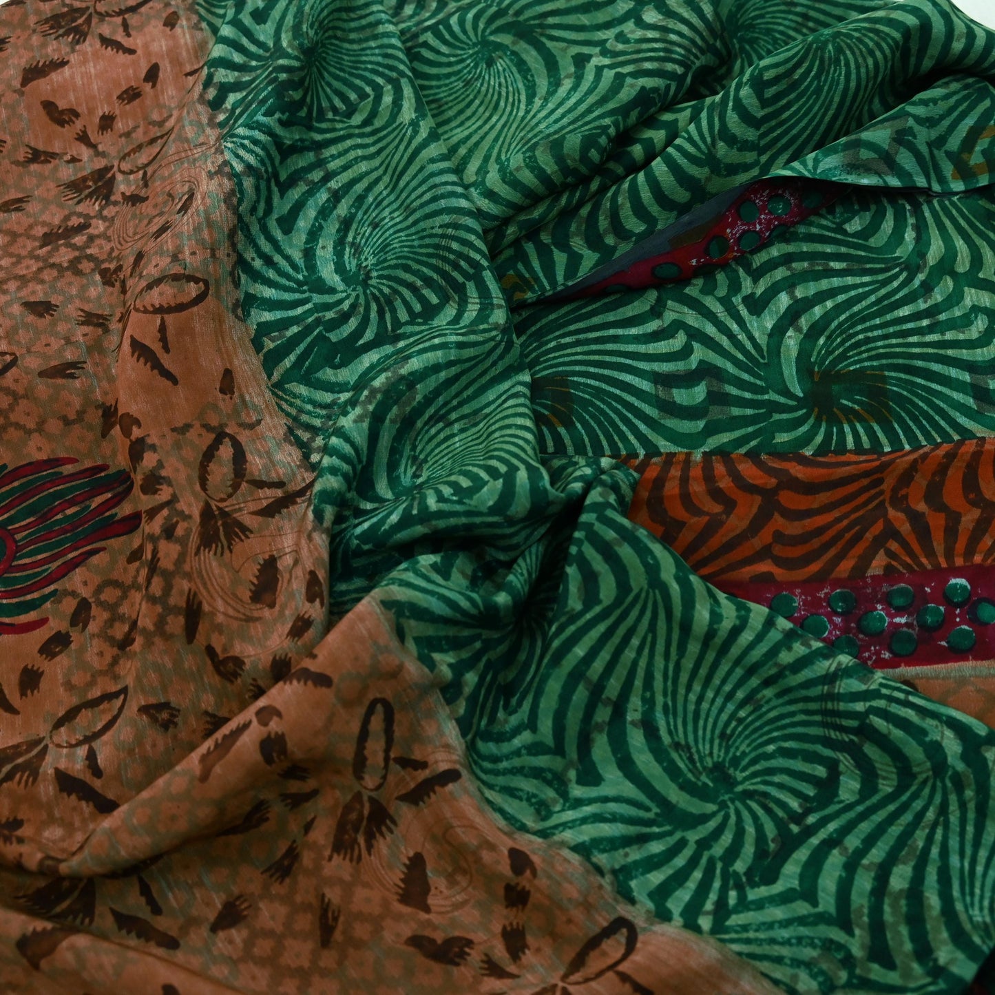 Indian Vintage Sari Green & Brown Pure Crepe Silk Printed Sarees Craft Fabric 5yd Sewing Floral Soft Craft Fabric Wrap Quilting Crafting