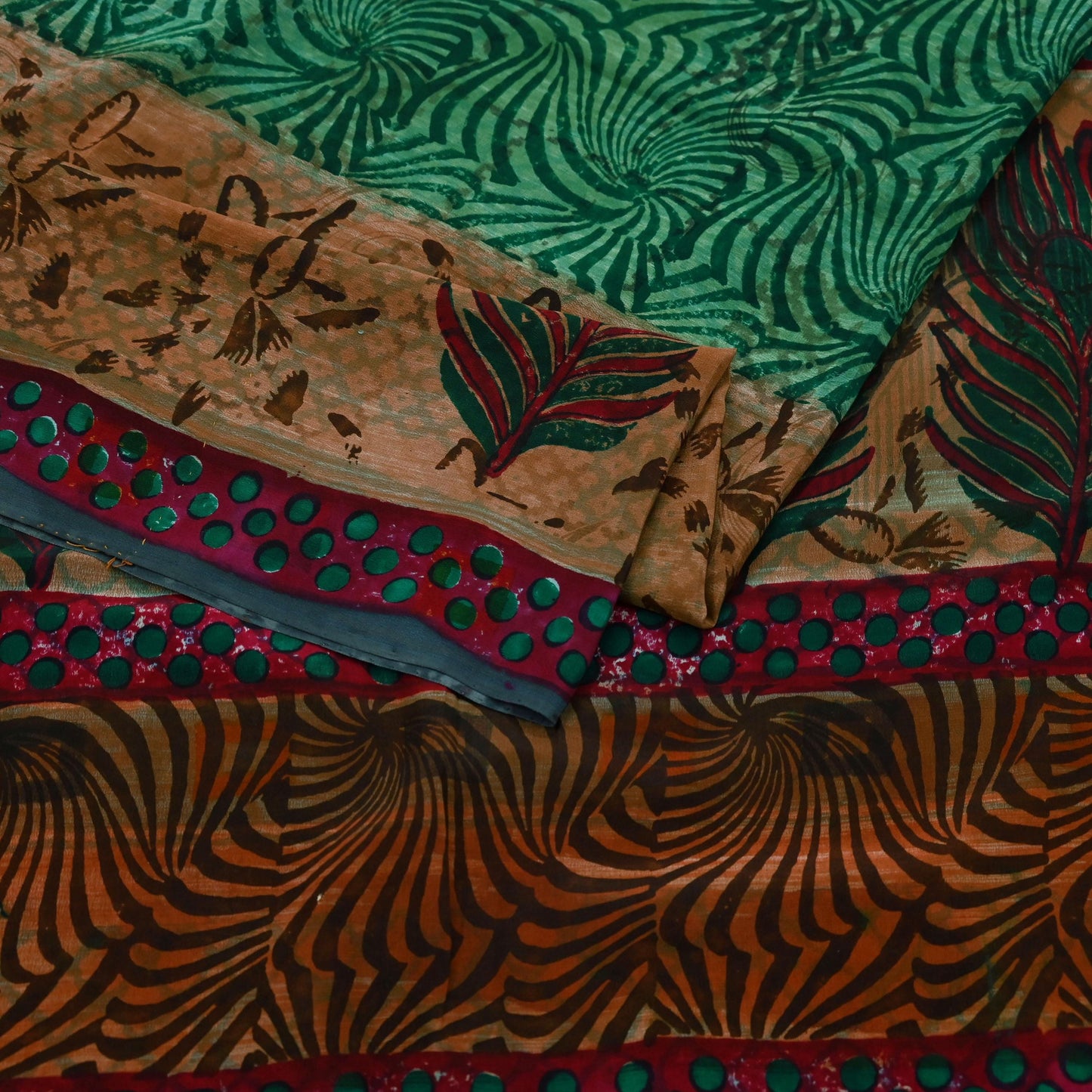 Indian Vintage Sari Green & Brown Pure Crepe Silk Printed Sarees Craft Fabric 5yd Sewing Floral Soft Craft Fabric Wrap Quilting Crafting