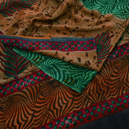 Indian Vintage Sari Green & Brown Pure Crepe Silk Printed Sarees Craft Fabric 5yd Sewing Floral Soft Craft Fabric Wrap Quilting Crafting