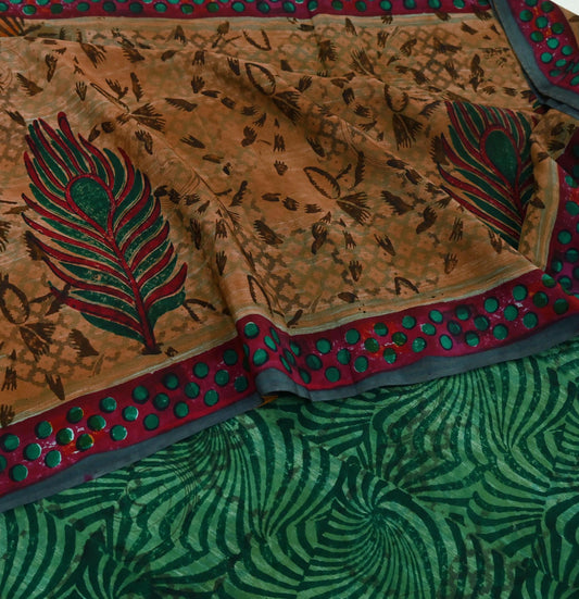 Indian Vintage Sari Green & Brown Pure Crepe Silk Printed Sarees Craft Fabric 5yd Sewing Floral Soft Craft Fabric Wrap Quilting Crafting